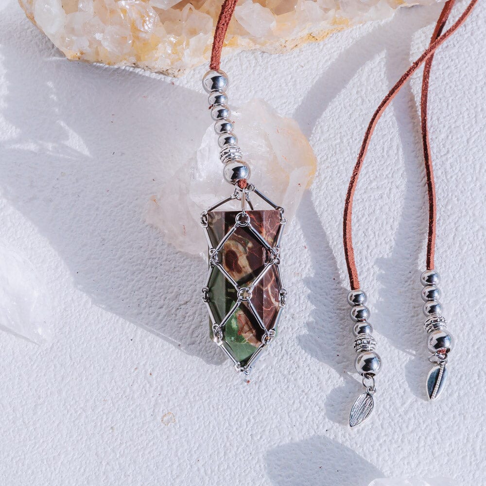 【Brown Leather Rope】Metal Bamboo Woven Necklace【Tumble/Point】