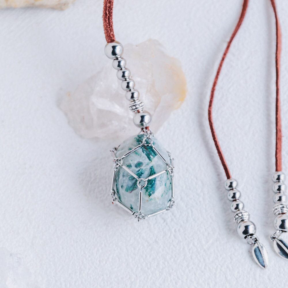 【Brown Leather Rope】Metal Bamboo Woven Necklace【Tumble/Point】
