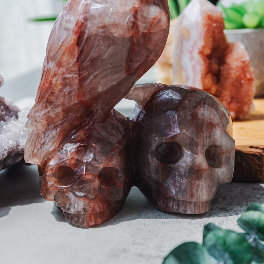 Fire Quartz Skulls With Crow