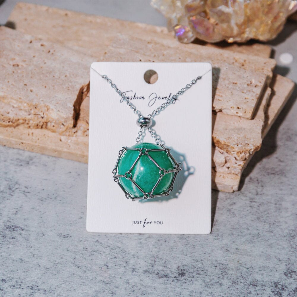 Reikistal Natural Crystal Ball Net Metal Bamboo Necklace Woven Pendant
