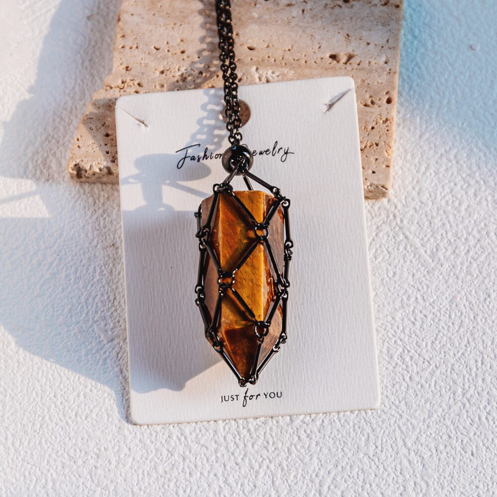 Black Net Metal Bamboo Necklace Woven Pendant