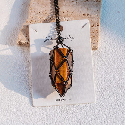 Black Net Metal Bamboo Necklace Woven Pendant
