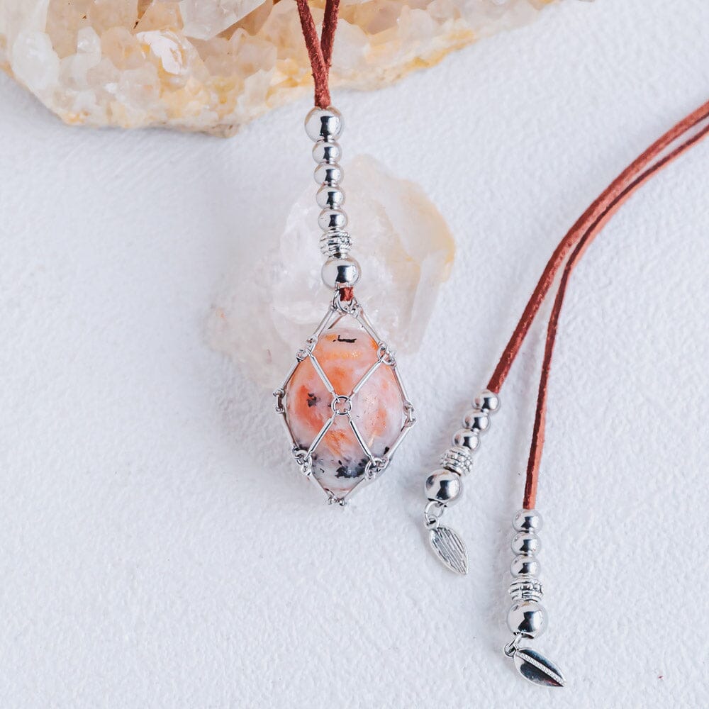 【Brown Leather Rope】Metal Bamboo Woven Necklace【Tumble/Point】