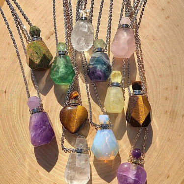 Natural Stone Perfume Bottle Pendant Stainless Steel Necklace Crystal Essential Oil Bottle Necklace Gemstone Perfume