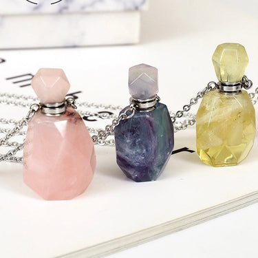 Natural Stone Perfume Bottle Pendant Stainless Steel Necklace Crystal Essential Oil Bottle Necklace Gemstone Perfume