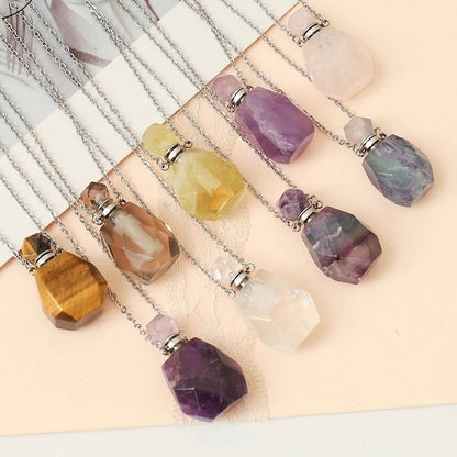 Natural Stone Perfume Bottle Pendant Stainless Steel Necklace Crystal Essential Oil Bottle Necklace Gemstone Perfume