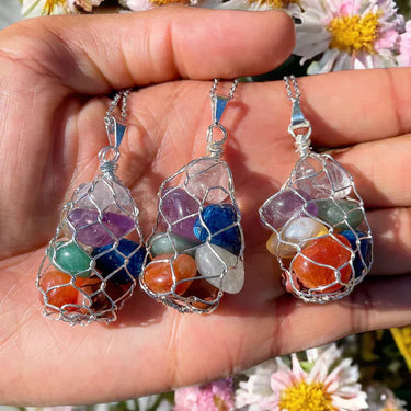 7 CHAKRA TUMBLED SILVER NECKLACE